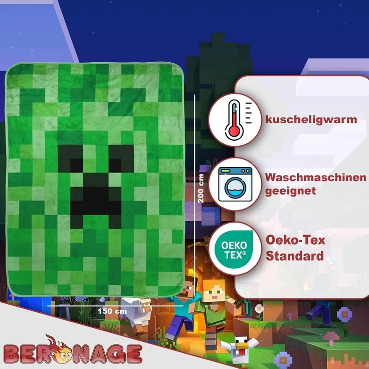 Wohndecke Minecraft Decke Creeper 150x200 cm Kuscheldecke Wohndecke, BERONAGE, passend zur Bettwäsche, ideal für Sofa, Couch, Bett, Auto, Camping – Bild 2