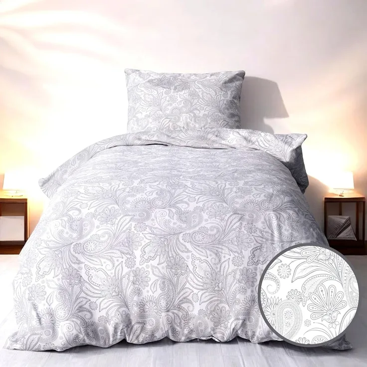 LINKHOFF Bettwäsche Biber Bettwäsche 135x200cm / 155x220 - 2tl. Blumenmuster in Grau Weiß, 100% Baumwolle - Bettwäsche-Set Aesthetic Floral Paisley Zweige