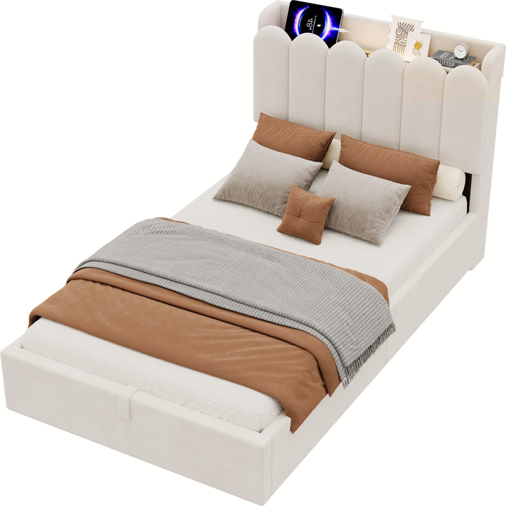 Polsterbett, Einzelbett, Kinderbett 90 x 200cm, hydraulisches Funktionsbett, Bett mit Lattenrost, gepolstertes Kopfteil, großem Stauraum und USB& Type-C-Ladestation und Leselampe, samt, beige – Bild 9