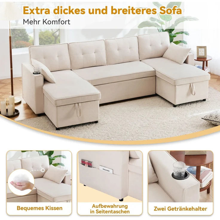 U-förmiges Schlafsofa Baumwoll-Leinen Beige, 270x130x86 cm, mit Stauraum & Getränkehalter – Bild 7