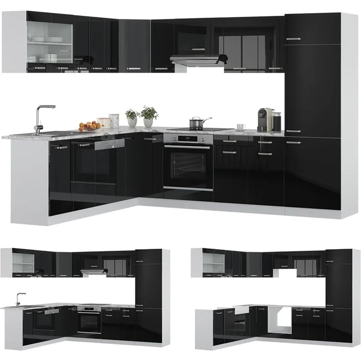 Eckküche R-Line Schwarz Hochglanz/Weiß 287 x 227 cm ohne Arbeitsplatte Vicco – Bild 6