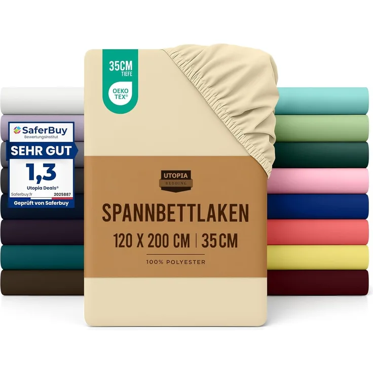 Utopia Bedding - Spannbettlaken 120x200 cm - Beige - Oeko-Tex Zertifiziertes Gebürstete Polyester-Mikrofaser Spannbetttuch - 35 cm Tiefe Tasche