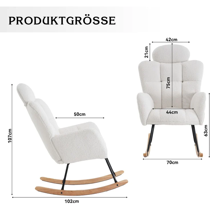 Teddy-Schaukelstuhl mit Kopfstütze, ergonomisch, leise & stabil, Holzrahmen mit Metallbasis, ideal für Wohnzimmer – Bild 5