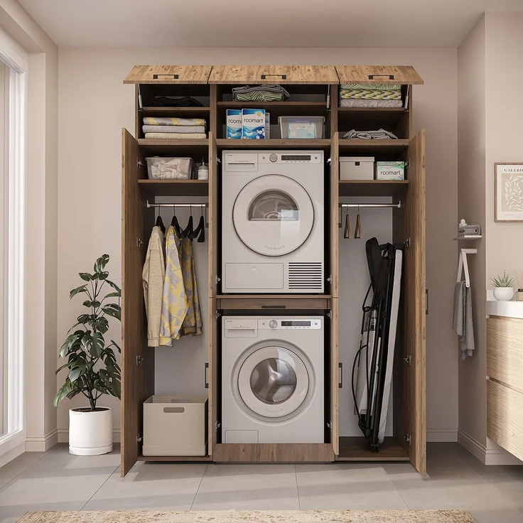 Roomart Waschmaschinenschrank - DORA-I- 160 cm breit - Wasch- & Trocknerschrank mit 2 Hochschränken, Türen & Ausziehbrett, Waschmaschinen-Überbau für Waschküche & Hauswirtschaftsraum • Eiche – Bild 4