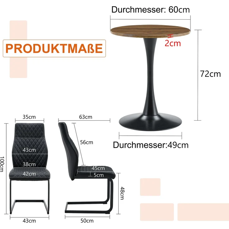 Esstischgruppe mit rundem H 72 x T 60 x B 60 cm Tisch aus MDF und 2 Stühlen aus PU-Leder mit Metallgestell – Bild 4