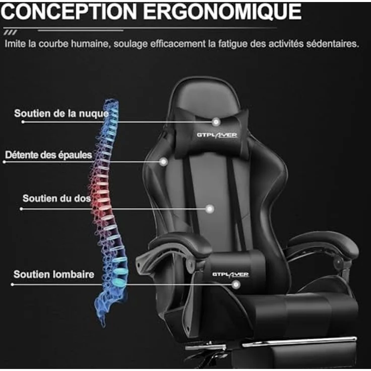 GTPLAYER Gaming-Stuhl, Gamer-Sessel mit Lendenmassage, Gamingstuhl, einziehbare Fußstütze, Rückenlehne 135° neigbar, bequemer Sitz aus Leder, Bürostuhl, Belastung 150 kg, Schwarz – Bild 5
