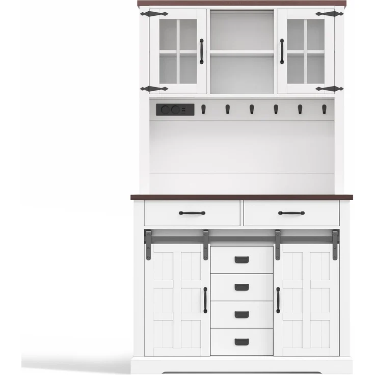 Küchenschrank, Buffetschrank, Sideboard mit Steckdose und LED-Beleuchtung, Küchenmöbel mit Arbeitsplatte, 6 Schubladen, verstellbare Einlegeböden, Haken, 180 × 108 × 40 cm, Weiß – Bild 10
