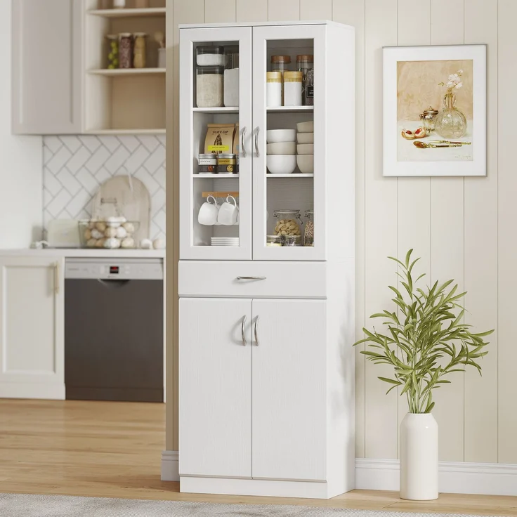MELAYR, Küchenschrank Buffetschrank mit verstellbar Regal Schublade 2 Schrank Hochschrank mit Glastür 60 x 35 x, Weiß – Bild 4