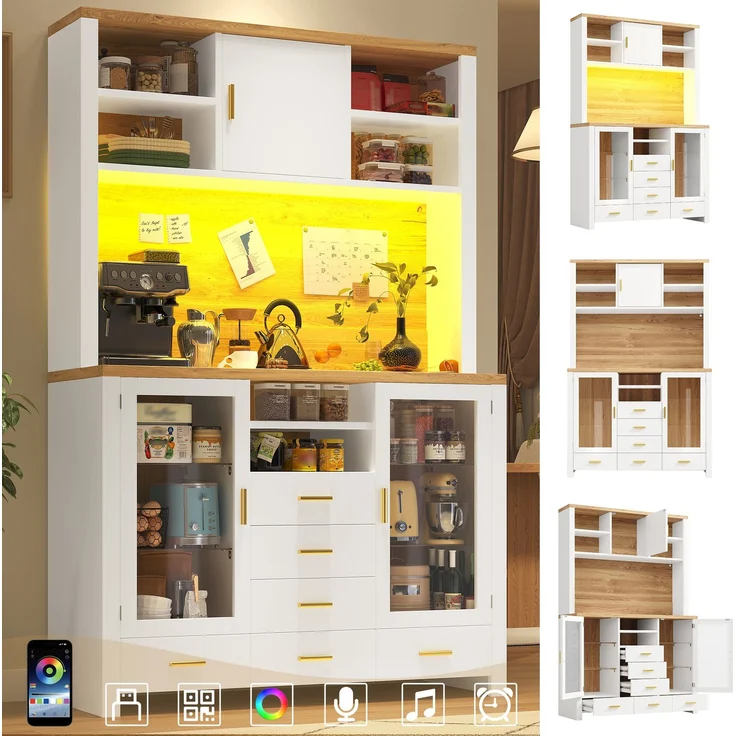 Seitenboard / Aufbewahrungsschrank / Multifunktions-Küchenschrank / Buffetschrank, 120x40x188cm, Landhausstil, 4 Türen, mit LED-Lichtleiste, 6 Schubladen & 3 Türen, Weiß mit Holzoptik – Bild 2