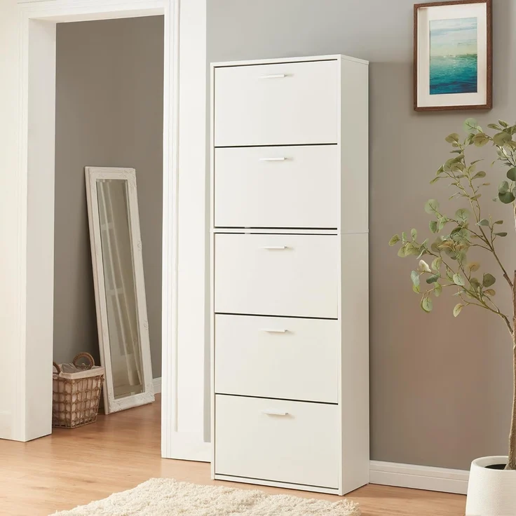 Schuhschrank Sykkylven 169x60x24 cm mit 5 Klappen Weiß [en. casa] – Bild 2