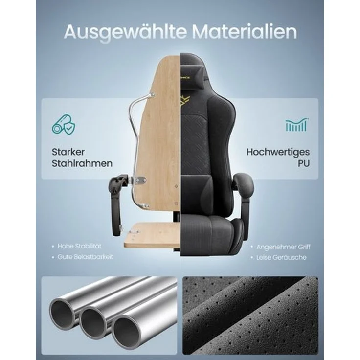 SONGMICS Gaming-Stuhl, Ergonomischer Bürostuhl mit Fußstütze, bis 150 kg, 66 x 64 x 123,5-133 cm, Schwarz – Bild 4