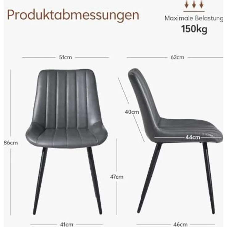 TUKAILAI Esszimmerstühle 4er Set Kunstleder Polsterstuhl mit Metallgestell | Polsterstühle mit Ergonomischer Rückenlehn,bis 150kg Belastbarkeit,Küchenstuhl für Esszimmer und Wohnzimmer Restaurant (Grau) – Bild 3