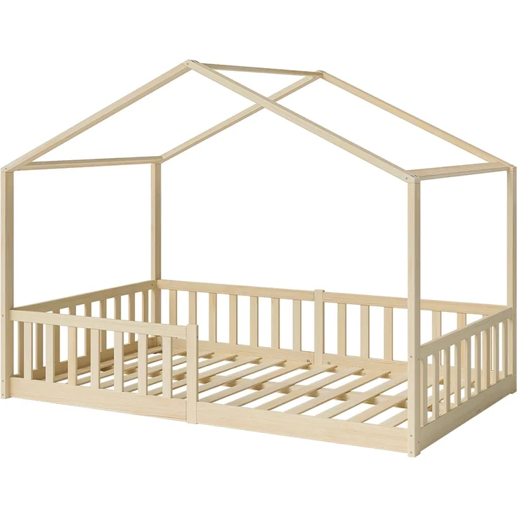 Bellabino 'Bia' Hausbett 120x200 cm, natur, Kiefer Massivholz, Bodenbett in Hausoptik, Montessori Kinderbett mit Rausfallschutz und Lattenrost – Bild 2