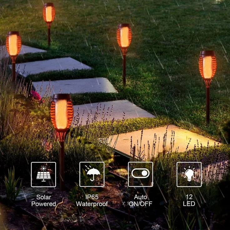 LQWELL LED Solarleuchte Solarleuchten Solar Fackellicht für Außen Garten, LED Solarlampe, mit Realistischer Flammeneffekt, IP65 Wasserdicht – Bild 2