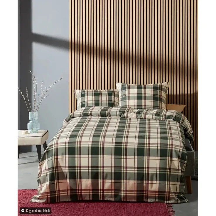 Fleuresse Lech Edelflanell Bettwäsche 135x200 Karo grün rot beige 605084-05