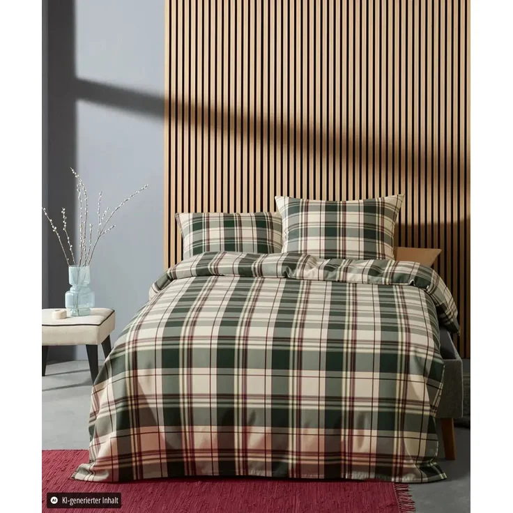 Fleuresse Lech Edelflanell Bettwäsche 135x200 Karo grün rot beige 605084-05 – Bild 1