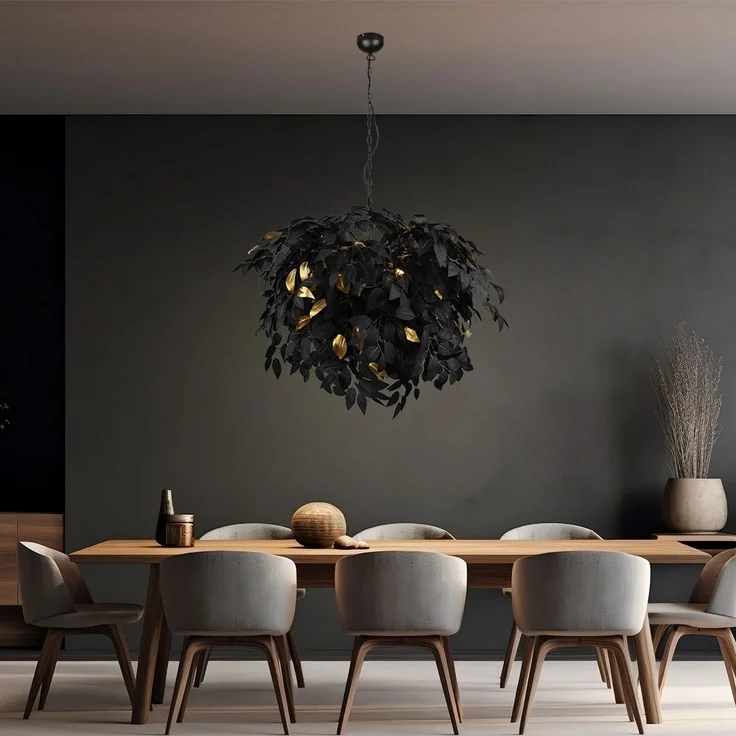 Pendelleuchte, 4-Flammig, Blätter, schwarz-gold, D 70 cm – Bild 2