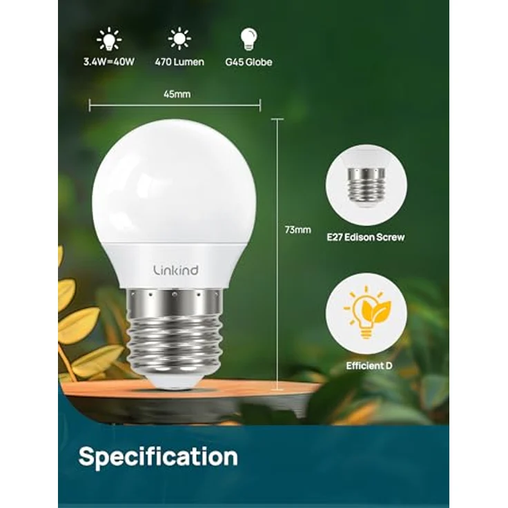 Linkind E27 Golf P45 Lampe 3.4W erzetzt 40Watt, 2700K Warmweiß 470Lumen E27 LED Leuchtmittel G45 Birne, klasse D Energiesparlampe mit 240° Abstrahlwinkel, nicht dimmbar, 3 Stück – Bild 3