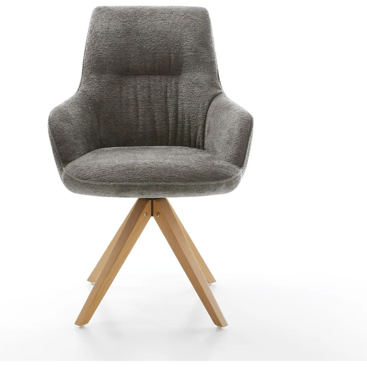 Drehstuhl Zelia-Flex mit Armlehnen Bouclé Soft Schlamm Holzgestell kantig Natur 180° drehbar Taschenfederkern – Bild 2