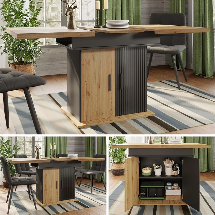 Esstisch ausziehbar 110-140x80x75 cm, Retro-Design, schwarz/natur, mit vakuumgeformten Türen – Bild 4
