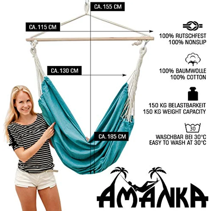 AMANKA XXL-Hängesessel 185 x 130 cm, bis 150 kg belastbar, hautfreundlicher Baumwollstoff, türkis – Bild 3