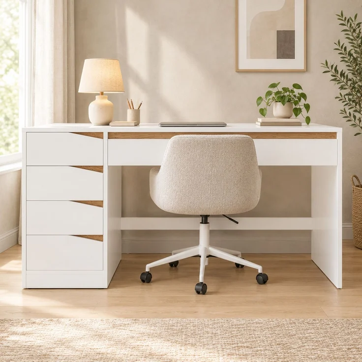 Schreibtisch 140x50x78 cm in Weiß mit Eiche-Optik und 5 Schubladen – Bild 1