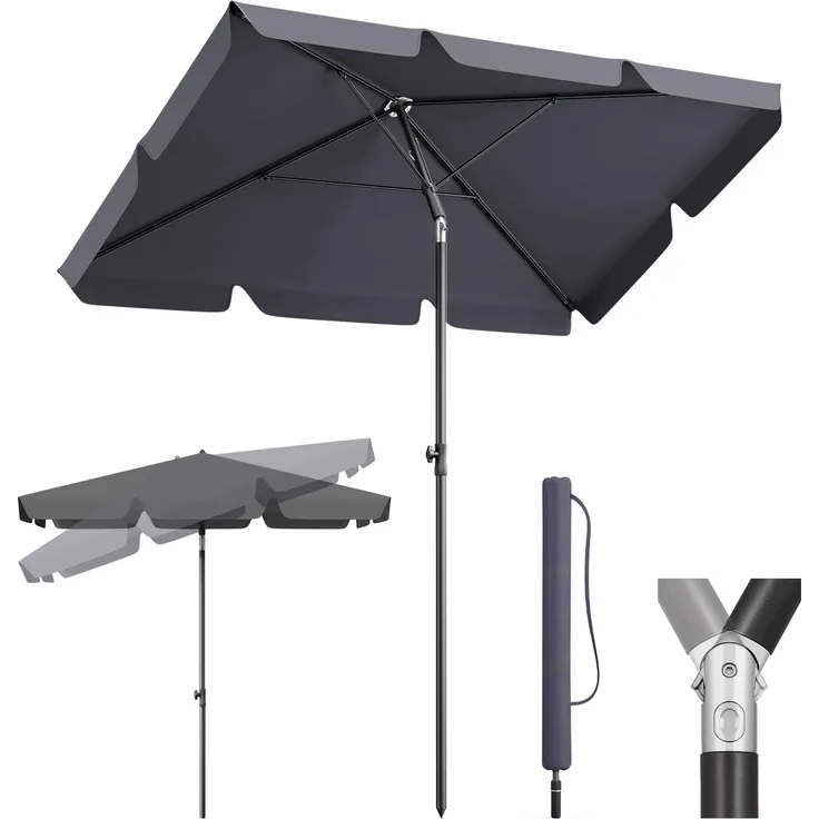 Sekey Rechteckschirm, neigbar, UV50+ Sonnenschutz, Polyester grau, 200 x 125 cm