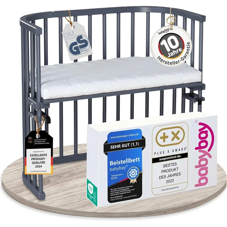 babybay Original Beistellbett aus massivem Buchenholz / kompakt & verwandelbar / Kinderbett Höhe stufenlos verstellbar / mitwachsendes Babybett (schiefergrau lackiert) / inkl. Matratze