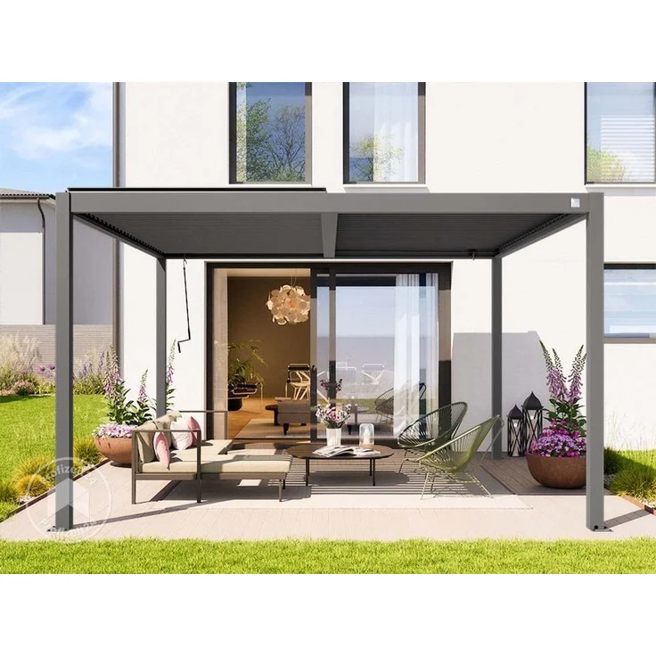 PRIMEYARD Pergola 4x4 m Aluminium-Pfosten mit Lamellendach aus Stahl graue Terrassenüberdachung – Bild 3