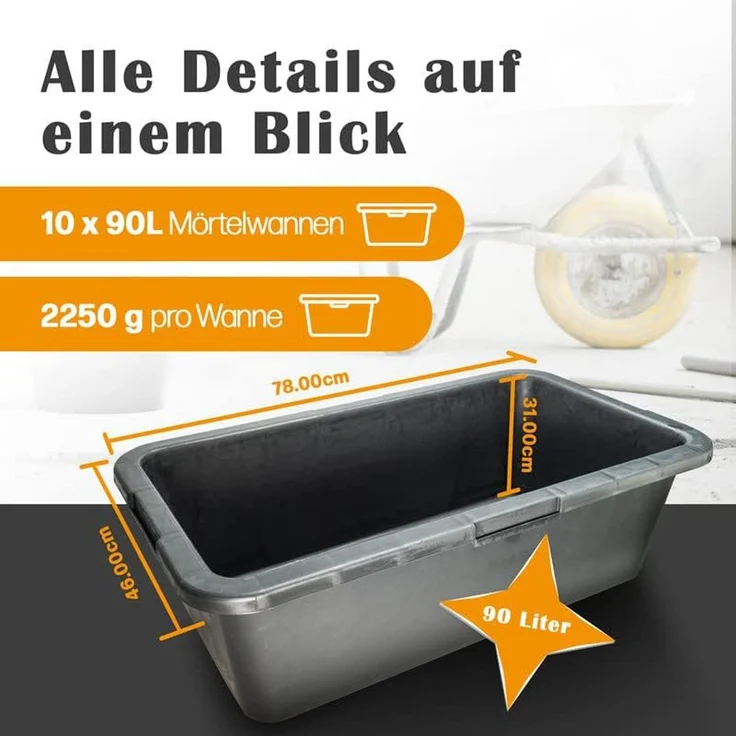 BURI Mörtelkasten Set 2 Stück (90L) - Robuste Mörtelkästen, Pflanzkübel, Maurerkasten für Baustelle, Garten & Heimwerkerprojekte, UV-beständig, stapelbar – Bild 2