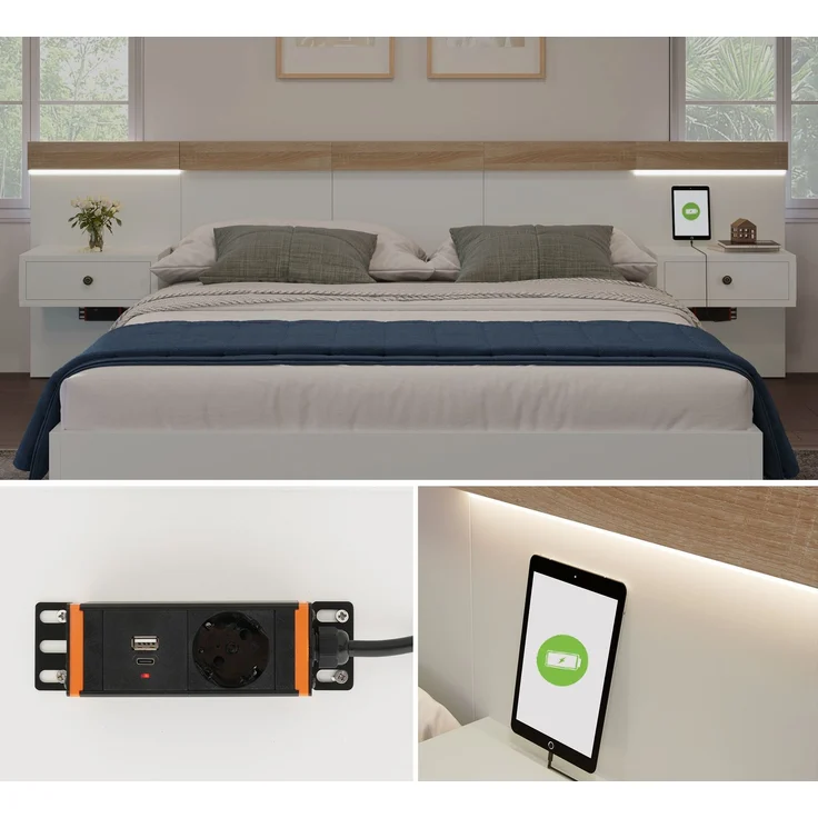 Merax Bettanlage Holzbett 140x200 Doppelbett mit 2 LED Nachtkommoden & 1 USB & 1 Type C & 1 Steckdose & Lattenrost Beige & Weiß – Bild 3