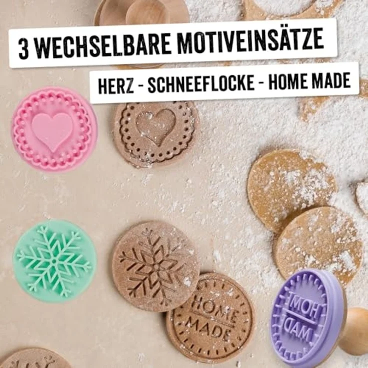 Trodat Keksstempel Set Home Made, Ø ca. 6 cm, Holzstempel, 3 wechselbare Silikon-Motiveinsätze, rostfreier Edelstahl-Ausstechring, spülmaschinenfest – Bild 3