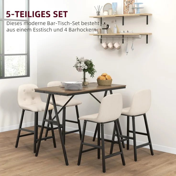 HOMCOM Bargruppe Küchentisch, Bistrotisch mit 4 Stühlen, Bartisch Set für Küche, (Bartisch-Set, 5-tlg, 5-teiliges Bartisch-Set), Beige – Bild 3