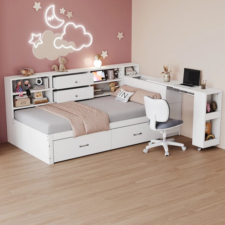 Holzschlafsofa, multifunktionaler Stauraum, verdeckte Staufächer und Regale, 2 große Schubladen, Steckdose, ausziehbarer Schreibtisch, Einzelbett, Jugendbett, Holzbett, Holz, Weiß, 90×200 cm – Bild 2