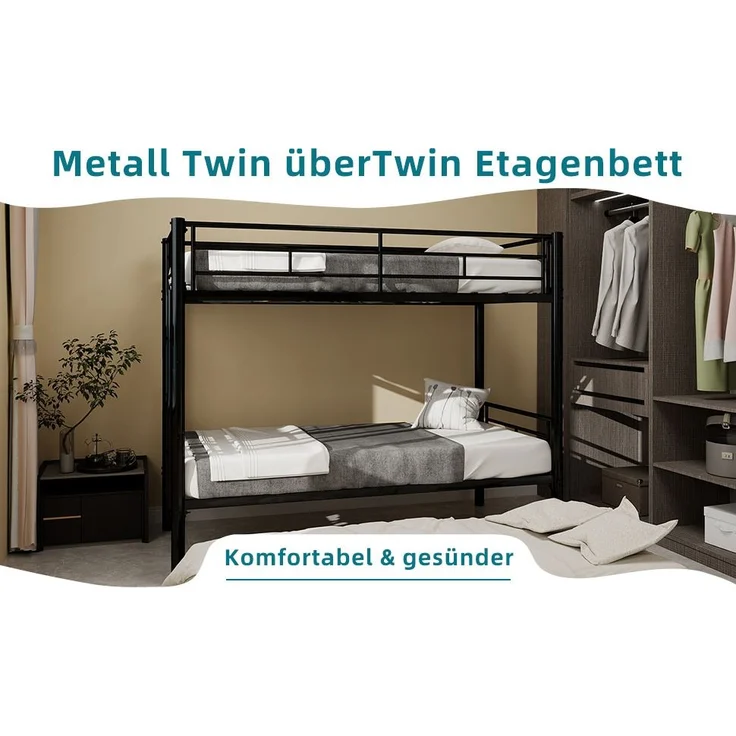 Etagenbett, Twin over Twin, hochbelastbar, stabiles Metall, geräuscharm, Sicherheitsgeländer, kein Boxspring erforderlich, Metall – Bild 4