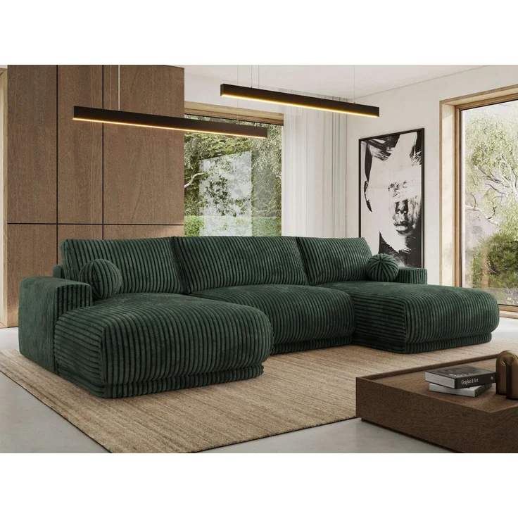 XXL Wohnlandschaft RINA U-Form 360 cm breit, Sofa mit Schlaffunktion & DL-Mechanismus, Wellenfederung, modern freistehend - Dunkelgrün Cord – Bild 1
