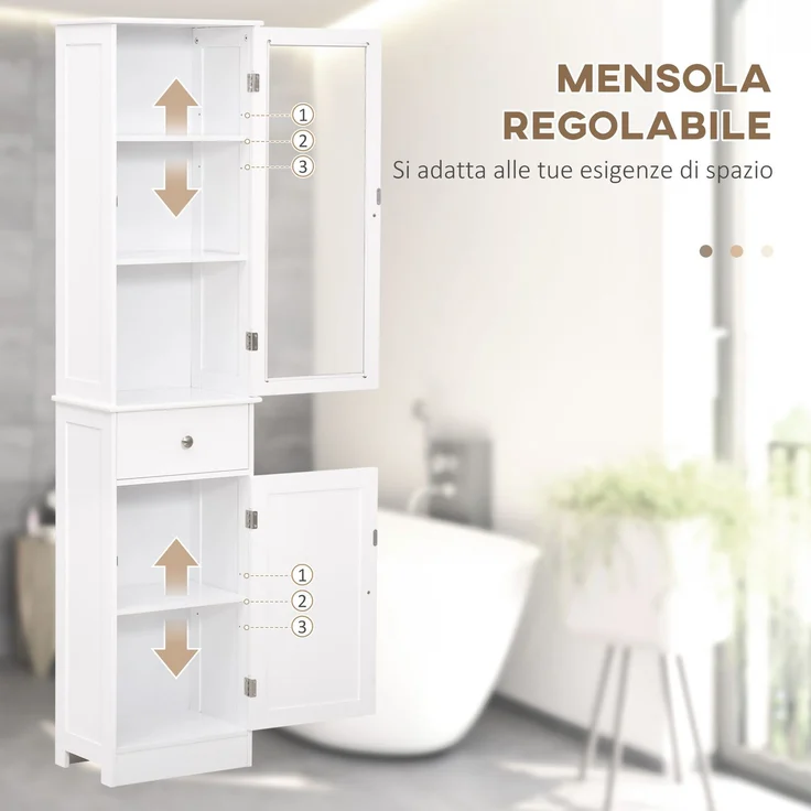 Platzsparende mobile Badezimmersäule mit Schrank, Schublade und Einlegeböden aus MDF, 40 x 27 x 171,5 cm, Weiß – Bild 8