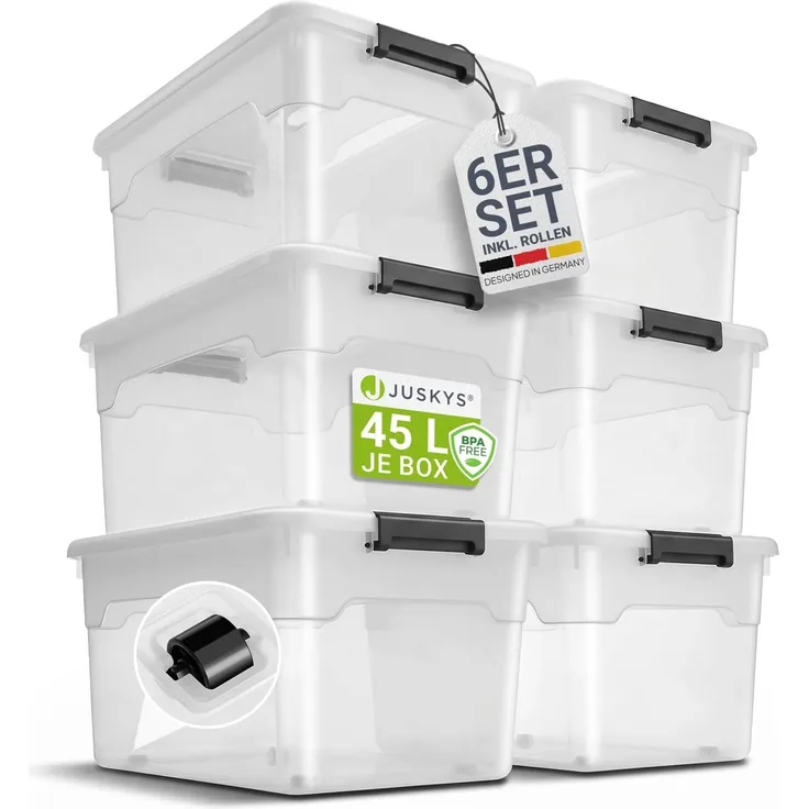 Juskys Aufbewahrungsbox mit Deckel, 6er-Set, stapelbar, Kunststoff transparent, 45 Liter