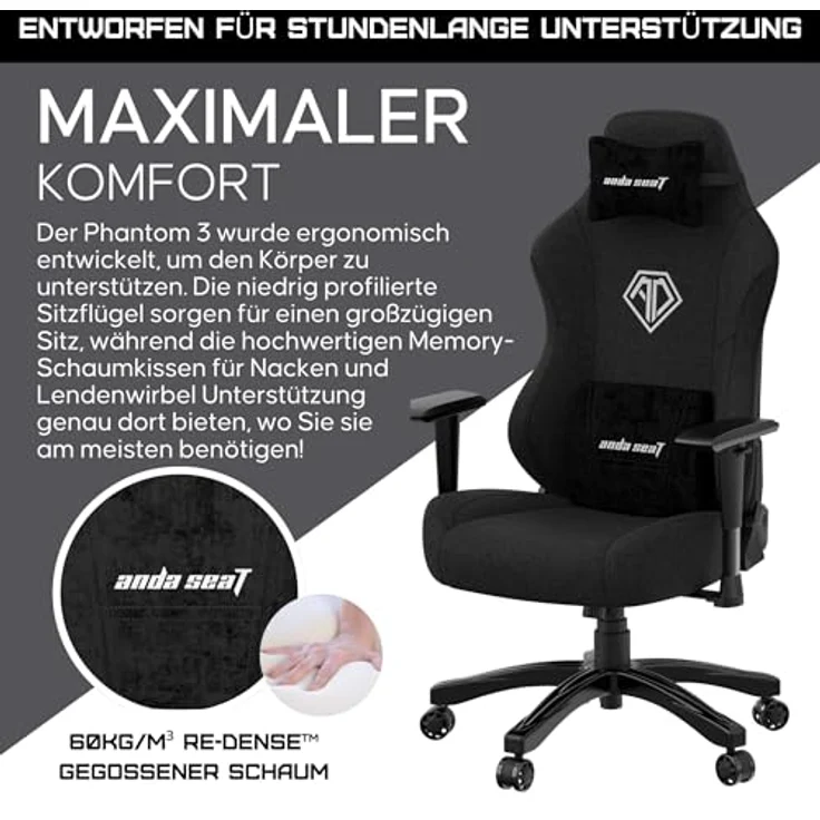 Anda Seat Phantom 3 Stoff Gaming Stuhl für Erwachsene – Ergonomisch PC Stuhl mit verstellbaren 2D Armlehnen, Kopfstütze & Lendenkissen, Bequemer Design, Belastbarkeit bis 90 kg, Schwarz – Bild 5