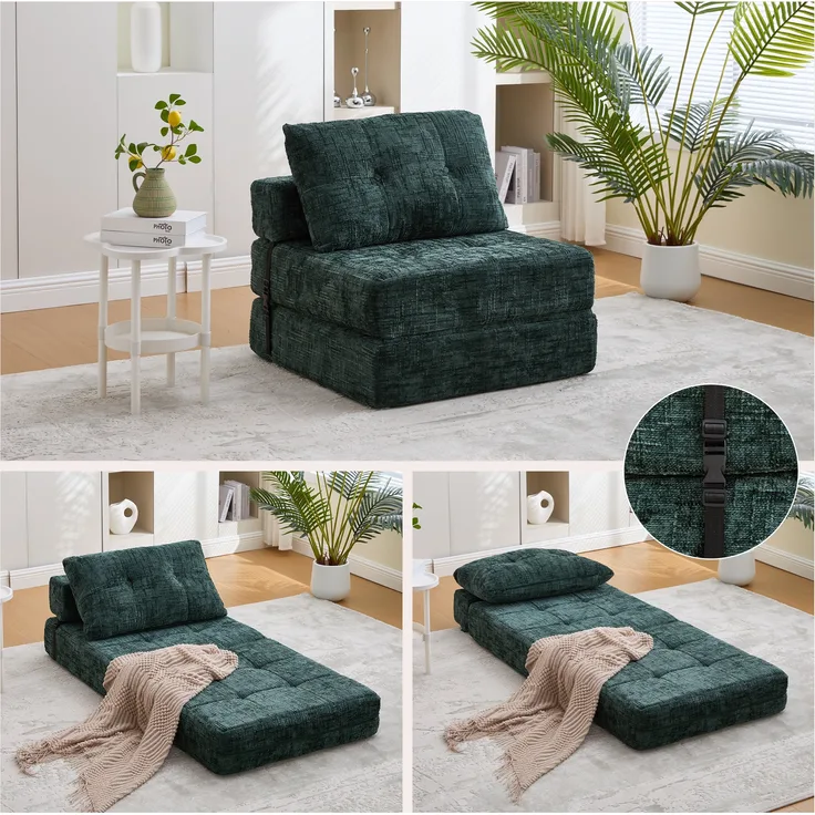 LVHOM Schlafsofa mit Schlaffunktion und Kissen, tragbares Klappsofa mit Rückenlehne, bis 200kg, für Wohnzimmer Büro, Grün