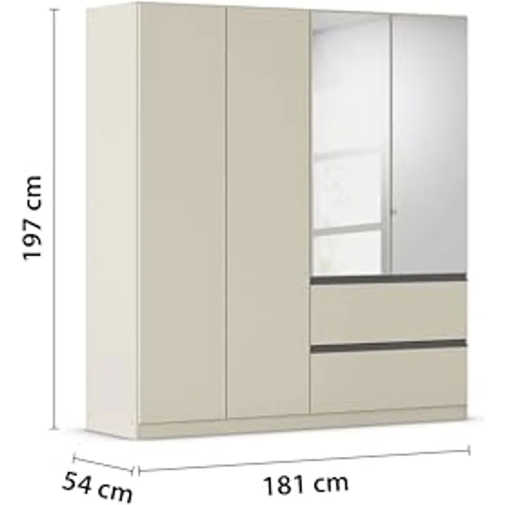 Rauch Möbel Costa, Kleiderschrank für Schlafzimmer, Kinderzimmer, Babyzimmer, Garderobe, 4-türig, Spiegel, 2 Schubladen, Push-to-Open, Zubehör Premium, Farbe Beige, Breite 181 cm – Bild 3