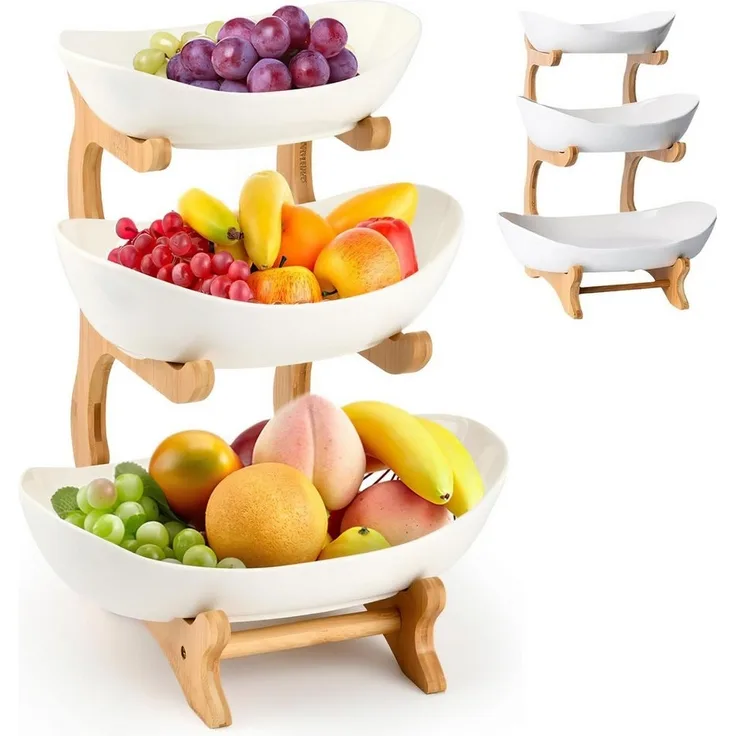HEYHIPPO Obstschale Dreistöckiger Obstständer, gestufter Obstkorb aus Bambus, weiß, (Dreistöckiges Obsttablett), Rutschfestes, leicht zu reinigendes Stufenregal-Snacktablett