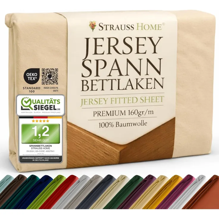 Strauss Home Spannbettlaken Premium 160 g/m² Gekämmte Baumwolle Jersey in Hotelqualität, Gummizug: Rundumgummi, OEKO-TEX®-zertifiziert - Hotelqualität – Formstabil & Langlebig