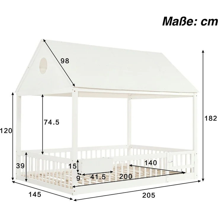 Hausbett mit Lattenrost, Bettvorhang, Zaun, Dach, Tür und Aufbewahrungsbox, 140x200 cm, Kinderbett mit Rausfallschutz, Massivholzbett, Kiefer – Bild 6