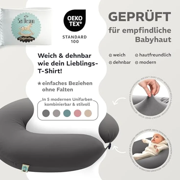 sei Design Stillkissenbezug 190×30 cm – Premium Jersey Ersatzbezug für Stillkissen XXL – weich, elastisch & pflegeleicht – mit Tasche & XXL-Reißverschluss – Oeko-TEX – Sand | Rosa | Grau | Mint – Bild 3