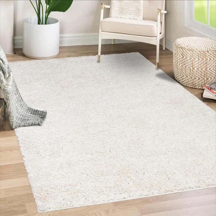 Teppich Wohnzimmer Hochflor Shaggy - 200x200cm - Creme Einfarbig Uni Flauschig Modern Boho Deko Teppiche Weich Schlafzimmer – Bild 1