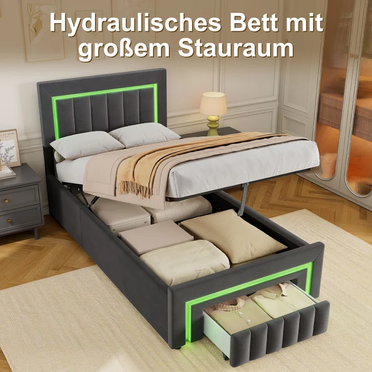 Polsterbett aus Velours mit LED, hydraulischem Stauraum & Schublade, ohne Matratze, 90x190 cm, Grau – Bild 7