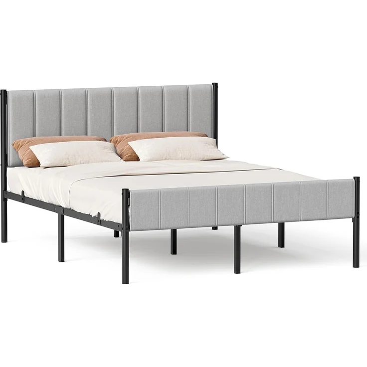 VASAGLE Doppelbett, 160x200 cm, mit gepolstertem Kopfteil, Bettrahmen, Stahl-Latten, trägt bis zu 500 kg, Stahl/Textil Taubengrau – Bild 1