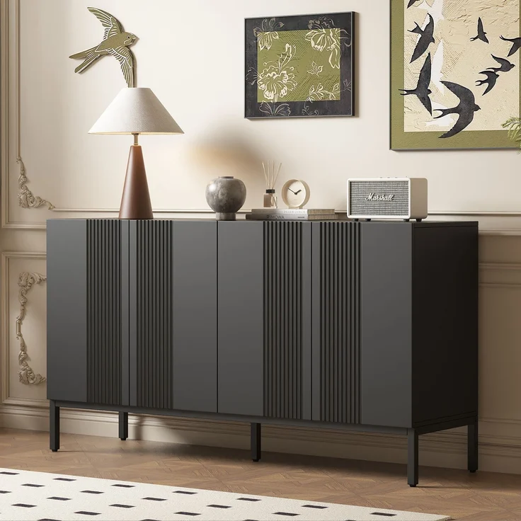 Merax Modernes Sideboard, Kommode, mit einzigartiger Linie, 4-türig, grifflose Tür, für Esszimmer, Wohnzimmer und Küche (Schwarz) – Bild 3