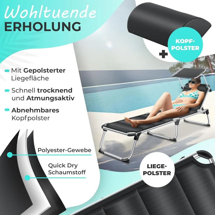 KESSER® Sonnenliege SUN mit Dach Gartenliege Liegestuhl klappbar Sonnendach Verstellbarer Rückenlehne , ergonomisch, gepolsterter Liegefläche, Aluminium Liege Gartenstuhl tragbar Strandliege Schwarz – Bild 3